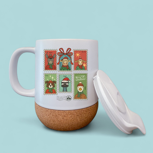 Merry Mail | White 10oz Cork Bottom Mug with Lid
