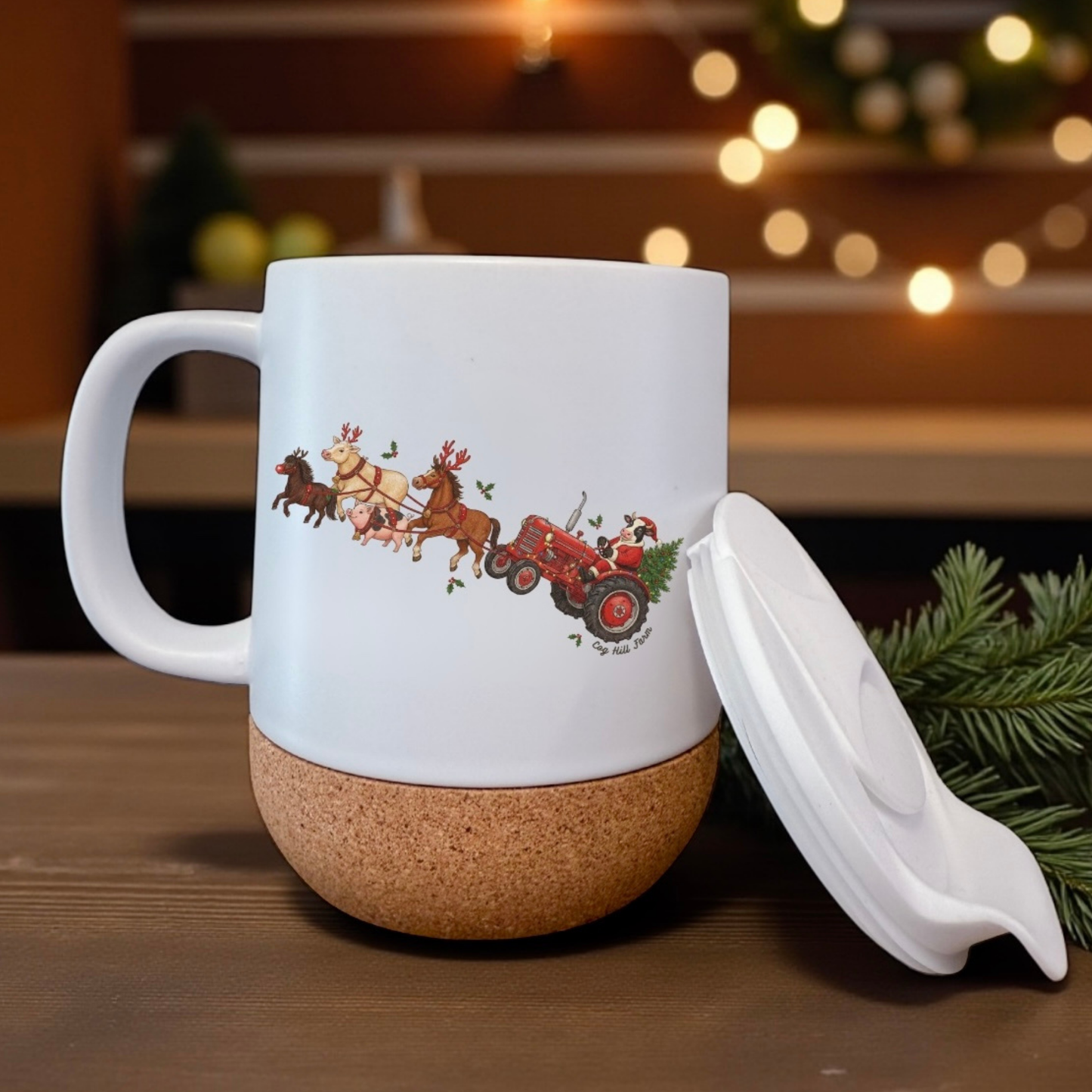 Mooey Christmas Express | White 10oz Cork Bottom Mug with Lid