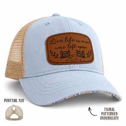 Floral Print Live Life Patch Ponytail Hat