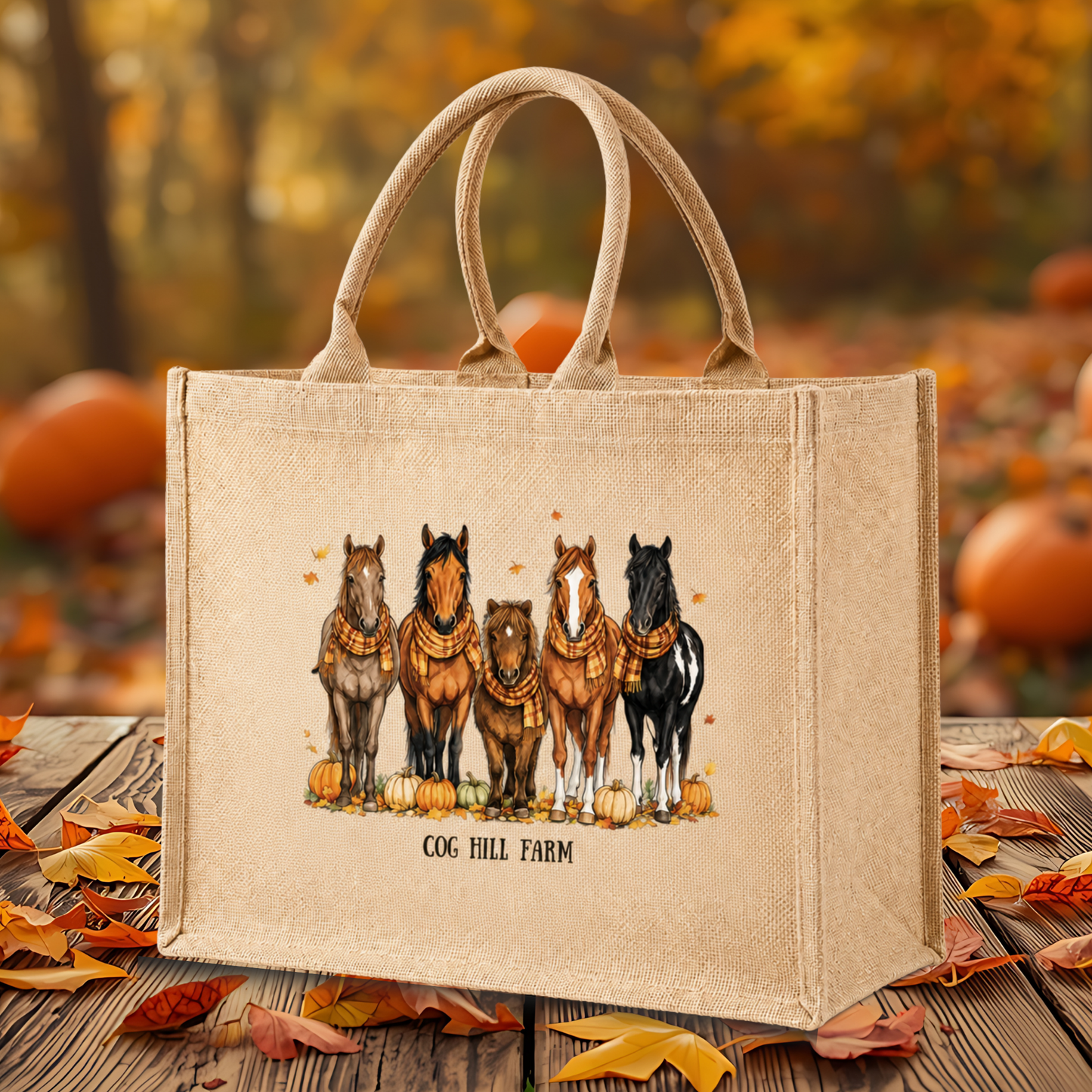 NEW! Pumpkin Patch Ponies Burlap Tote Bag