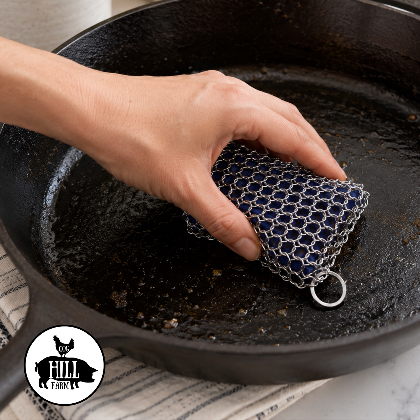 Cast Iron Pan Scrubber | Stainless Steel Chainmail Scrubber with Silicone