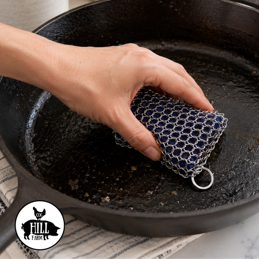 Cast Iron Pan Scrubber | Stainless Steel Chainmail Scrubber with Silicone