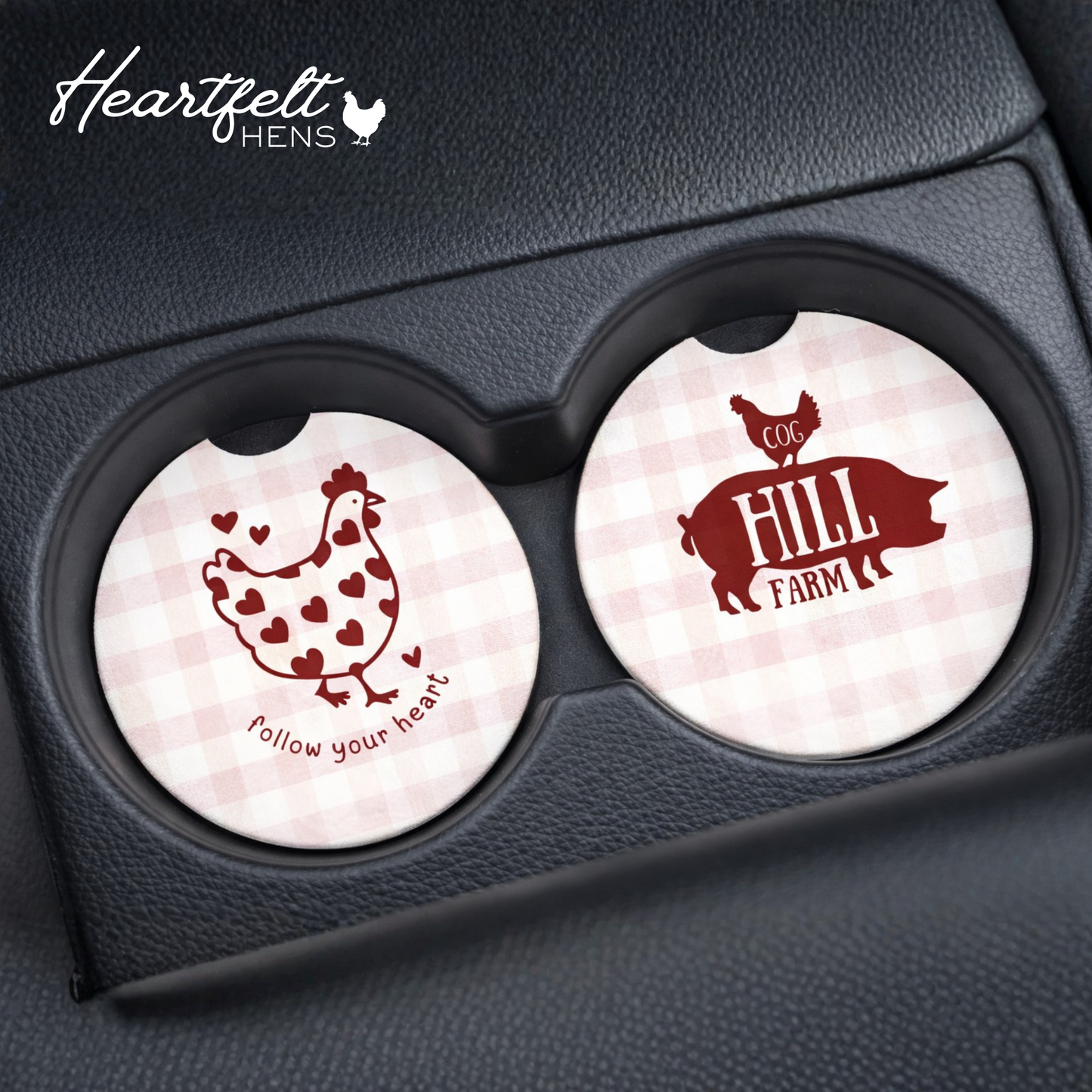 Heartfelt Hens Car Coasters (Set of 2)